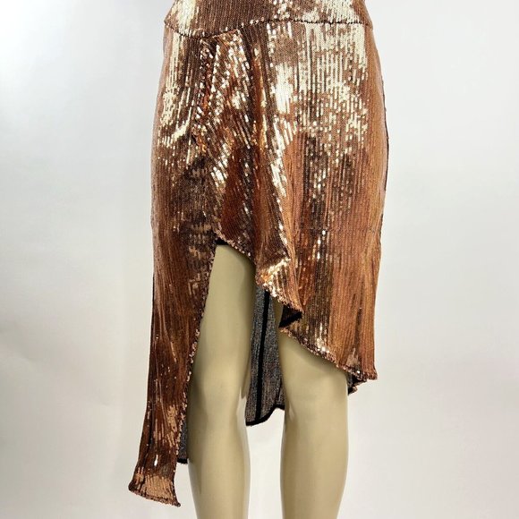 Lovers + Friends Duchess Dress Size S Gold Sequin Asymmetric Hem Halter Cocktail - Picture 5 of 11